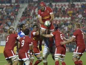 Canada's Tyler Hotson goes up for the ball agasint Samoa during the first half of their Pacific Nations Cup rugby match Wednesday July 29, 2015 in Toronto.