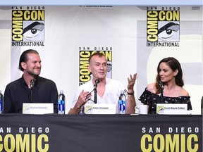 (L-R) Executive producers Vaun Wilmott, Michael Horowitz, actors Robert Knepper, Sarah Wayne Callies, Dominic Purcell and Wentworth Miller attend the Fox Action Showcase: "Prison Break" And "24: Legacy" during Comic-Con International 2016 at San Diego Convention Center.