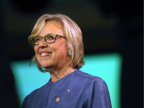 Green Party Leader Elizabeth May, here speaking to reporters in Victoria in 2015, and her party should be red in the face after voting for the Boycott, Divestment and Sanction resolution against Israel, a reader writes. — THE CANADIAN PRESS files