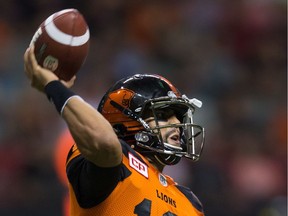 B.C. Lions quarterback Jonathon Jennings passes against the Hamilton Tiger-Cats during the second half of a CFL game in Vancouver on Saturday.