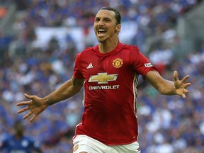Manchester United's Zlatan Ibrahimovic celebrates after scoring a goal during the Community Shield soccer match between Leicester and Manchester United at Wembley stadium in London last week.
