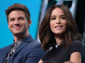 Actors Matt Lanter, left, and Abigail Spencer participate in the Timeless panel during the NBC Television Critics Association summer press tour on Tuesday, Aug. 2, 2016, in Beverly Hills, Calif. The pilot for Timeless was shot in Vancouver.