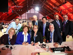 A photo from Prime Minister Justin Trudeau's Facebook page showing the Canadian contingent at November 2015's UN climate-change conference in Paris. Christy Clark is seated second from left.