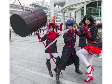 Ven Tsun, Isho and Nooblet, left to right from the Japanese manga series D. Grayman pose at Anime Revolution, a three-day convention of  activities, exhibits, panels and performances of the popular Japanese-born anime art form in Vancouver Sunday August 7, 2016.