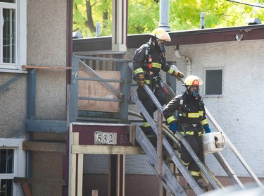 Firefighters emerge from the house with a cage containing a cat.