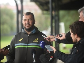 Australian rugby coach Michael Cheika speaks to reporters after a training session in Sydney last week.