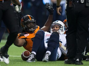 B.C. Lions linebacker Solomon Elimimian, shown reacting to being penalized for roughing the passer after sacking the Toronto Argonauts' Ricky Ray during their CFL game on July 7, will get to renew acquaintances with the Argos’ pivot this Wednesday at BMO Field in Toronto.