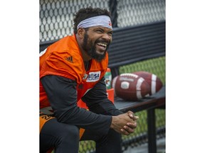 B.C. Lions running back Jeremiah Johnson, taking a break at the team's practice in Surrey Tuesday, played in Montreal last Thursday after missing three games due to injury. He rushed for 74 yards with a touchdown on 15 carries and caught two passes for 40 yards in the 38-18 win over the Als.