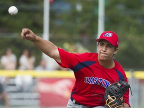 Nicola Barba, pitiching for Hastings on Wednesday, leads the Canadian Little League Championship in runs batted in with 16 so far.