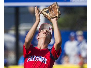 Hastings Community Little League #24 Loreto Siniscalchi looks for the ball as he makes a catch during play against Alberta's Southwest Little league in a semi final game at the Canadian Little League Championships, Vancouver, August 12 2016.