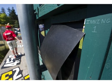 VANCOUVER August 19 2016. Henry Bull double sets a pair of the numbers on the scoreboard to prevent the wind from blowing them down during a Vancouver Canadians game at Nat Bailey stadium  Vancouver, August 19 2016. ( Gerry Kahrmann  /  PNG staff photo)  ( Prov / Sun News ) 00044657A Story by Steve \Ewen [PNG Merlin Archive]