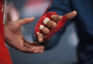 The hands of UFC welterweight Demian Maia are taped up before a workout at the Hyatt Regency hotel in Vancouver on Thursday. Maia takes on Carlos Condit in the headline bout of UFC on FOX 21 on Saturday at Rogers Arena.