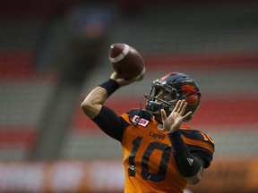 B.C. Lions Jon Jennings warms up prior to playing the Toronto Argonauts in a regular season CFL football game at B.C. Place on July 7, 2016.