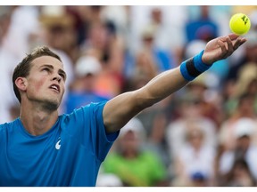 Vasek Pospisil of Canada serves the ball against Gael Monfils of France during men's second round Rogers Cup action in Toronto on July 27, 2016.