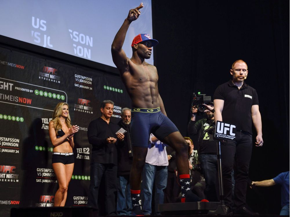 US Anthony 'Rumble' Johnson poses during the weigh-in for Saturday's UFC light heavyweight championship mixed martial arts bout against Alexander 'The Mauler' Gustafsson of Sweden at Tele2 Arena in Stockholm, Sweden, on Friday Jan. 23, 2015.