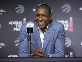 Toronto Raptors&#039; Masai Ujiri attends a season-end news conference in Toronto on Monday May 30, 2016. The Raptors announced that they signed Ujiri, who served as Toronto&#039;s GM and president since 2013, to a multi-year contract extension as president and promoted Jeff Weltman to the general manager position. THE CANADIAN PRESS/Chris Young