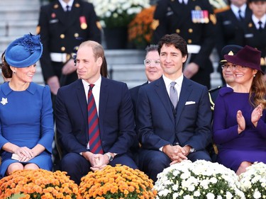 VICTORIA, BC - SEPTEMBER 24:  Catherine, Duchess of Cambridge, Prince William, Duke of Cambridge, Canadian Prime Minister Justin Trudeau and his wife Sophie Gregorire attend the Official Welcome Ceremony for the Royal Tour at the British Columbia Legislature on September 24, 2016 in Victoria, Canada.  Prince William, Duke of Cambridge, Catherine, Duchess of Cambridge, Prince George and Princess Charlotte are visiting Canada as part of an eight day visit to the country taking in areas such as Bella Bella, Whitehorse and Kelowna.