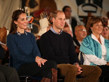 Catherine, Duchess of Cambridge and Prince William, Duke of Cambridge attend an official welcome performance during their isit to first nations Community members on September 25, 2016 in Bella Bella, Canada. Prince William, Duke of Cambridge, Catherine, Duchess of Cambridge, Prince George and Princess Charlotte are visiting Canada as part of an eight day visit to the country taking in areas such as Bella Bella, Whitehorse and Kelowna.