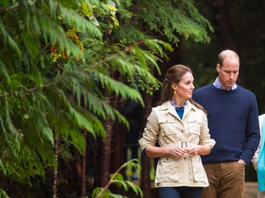 Catherine, Duchess of Cambridge and Prince William, Duke of Cambridge walk through the Great Bear Rainforest in Bella Bella, Canada, during the third day of the Royal Tour to Canada on September 26, 2016. Prince William, Duke of Cambridge, Catherine, Duchess of Cambridge, Prince George and Princess Charlotte are visiting Canada as part of an eight day visit to the country taking in areas such as Bella Bella, Whitehorse and Kelowna.