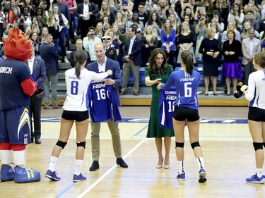 Prince William, Duke of Cambridge and Catherine, Duchess of Cambridge are presented with sport shirts on a visit to Kelowna University during their Royal Tour of Canada on September 27, 2016 in Kelowna, Canada. Prince William, Duke of Cambridge, Catherine, Duchess of Cambridge, Prince George and Princess Charlotte are visiting Canada as part of an eight day visit to the country taking in areas such as Bella Bella, Whitehorse and Kelowna.