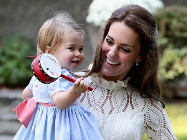 Catherine, Duchess of Cambridge and Princess Charlotte of Cambridge at a children's party for Military families during the Royal Tour of Canada on September 29, 2016 in Victoria, Canada.