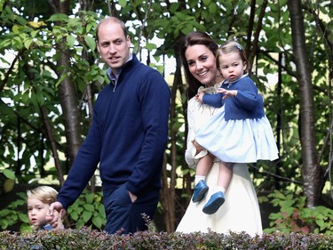 Catherine, Duchess of Cambridge, Princess Charlotte of Cambridge and Prince George of Cambridge, Prince William, Duke of Cambridge at a children's party for Military families during the Royal Tour of Canada on September 29, 2016 in Victoria, Canada.