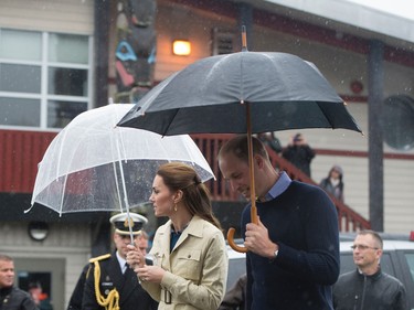 Prince William (L) and Catherine, the Duke and Duchess of Cambridge arrive in Bella Bella, British Columbia on September 26, 2016.