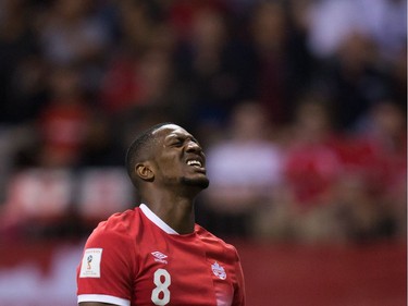 Canada's Doneil Henry reacts after putting a shot wide of the El Salvador goal during second half FIFA World Cup qualifying soccer action in Vancouver, B.C., on Tuesday September 6, 2016.