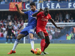 Diego Costa of Chelsea and Mamadou Sakho of Liverpool battle during a 2015 match at Stamford Bridge in London.