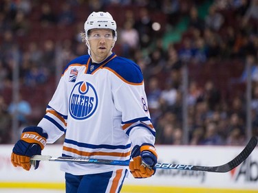 Edmonton Oilers' Griffin Reinhart looks on during the first period of a pre-season NHL hockey game against the Vancouver Canucks in Vancouver, B.C., on Wednesday September 28, 2016.