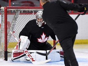 Team Canada's Carey Price takes part in practice in Ottawa on Monday, Sept. 5, 2016, in preparation for the World Cup of Hockey.