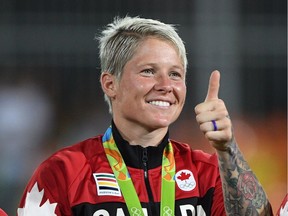Canada's captain Jen Kish gives a thumbs up during the medal ceremony after winning the bronze medal game against Great Britain in women's rugby sevens at the 2016 Olympic Games in Rio de Janeiro, Brazil on Monday, Aug. 8, 2016.