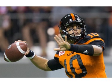 B.C. Lions' quarterback Jonathon Jennings passes against the Montreal Alouettes during the second half of a CFL football game in Vancouver, B.C., on Friday September 9, 2016.