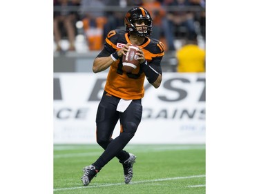 B.C. Lions' quarterback Jonathon Jennings steps back to pass against the Montreal Alouettes during the second half of a CFL football game in Vancouver, B.C., on Friday September 9, 2016.