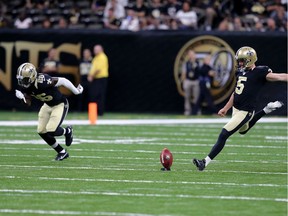 New Orleans Saints kicker Kai Forbath (5) kicks off in the first half of a preseason NFL football game against the Baltimore Ravens in New Orleans, Thursday, Sept. 1, 2016. It looks like the kickoff return is about to make a major comeback this season, even if that was not the NFL's intent when it decided to move touchbacks out to the 25-yard line from the 20 this season. Saints coach Sean Payton has had kickoff candidates working on popping the ball up higher and trying to land it just short of the goal line.