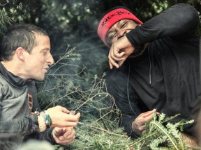 Bear Grylls and Marshawn Lynch while traipsing through the Corsican mountains in France.