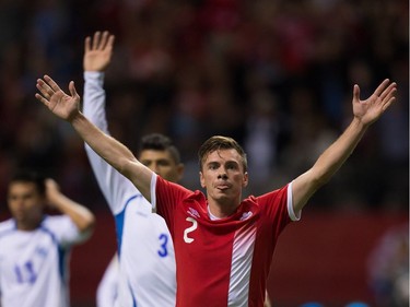 Canada's Nik Ledgerwood celebrates his goal against El Salvador during second half FIFA World Cup qualifying soccer action in Vancouver, B.C., on Tuesday September 6, 2016.