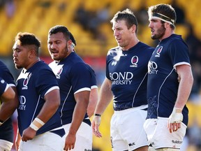 SYDNEY, AUSTRALIA - SEPTEMBER 24: Brad Thorn of Queensland Country (C) prepares to pack into a scrum during the round five NRC match between the Western Sydney Rams and Queensland Country at Concord Oval on September 24, 2016 in Sydney, Australia.