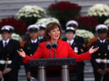 B.C. Premier Christy Clark speaks to assembled guests and dignitaries during the Duke and Duchess of Cambridge's visit at the Legislative Assembly in Victoria, B.C., Saturday, Sept 24, 2016.