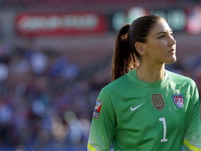 FILE - In this Feb. 13, 2016, file photo, United States goalie Hope Solo walks off the field at half time of a CONCACAF Olympic qualifying tournament soccer match against Mexico in Frisco, Texas. Solo has taken an indefinite leave from the Seattle Reign of the National Women's Soccer League, less than a week after being suspended for six months by the U.S. national team for disparaging remarks about Sweden, the Reign announced Saturday, Aug. 27, 2016.