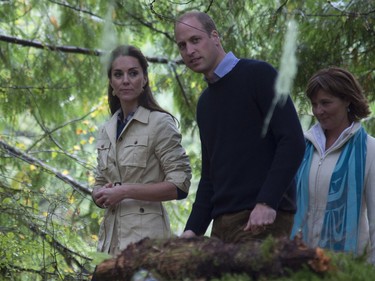 The Duke and Duchess of Cambridge along with the Premier of British Columbia Christy Clark walk through the Great Bear rainforest in Bella Bella, B.C., Monday, Sept 26, 2016.