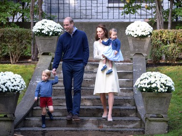 Prince William, and his wife Kate, the Duke and Duchess of Cambridge, arrive at a tea party with their children Prince george and Princess Charlotte at Government House in Victoria, Thursday, Sept. 29, 2016.