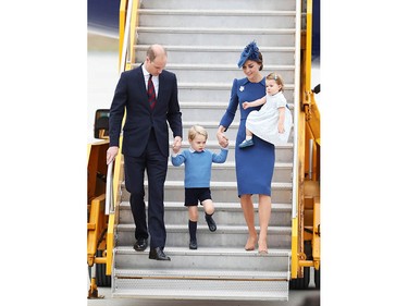 Prince William, Duke of Cambridge, Catherine, Duchess of Cambridge, Prince George of Cambridge and Princess Charlotte of Cambridge arrive at the Victoria Airport on Saturday, Sept. 24, 2016 in Victoria, Canada.