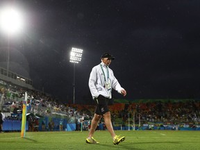 RIO DE JANEIRO, BRAZIL - AUGUST 10:  Gordon Tietjens, coach of New Zealand during the Men's Quarter-final 1, Match 21 between Fiji and New Zealand on Day 5 of the Rio 2016 Olympic Games at Deodoro Stadium on August 10, 2016 in Rio de Janeiro, Brazil.