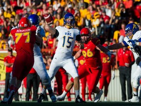 UBC Thunderbirds quarterback Michael O'Connor throws a pass against the University of Calgary Dinos during CIS Canada West football action at McMahon Stadium in Calgary on Sept. 9, 2016.