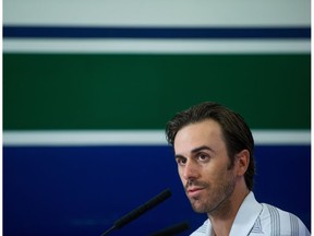 Vancouver Canucks' goalie Ryan Miller answers questions during a news conference ahead of the NHL hockey team's training camp, in Vancouver, B.C., on Thursday September 22, 2016.