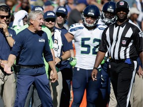 Head coach Pete Carroll of the Seattle Seahawks argues a call against the Los Angeles Rams at Los Angeles Coliseum on Sept. 18.