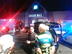 Washington Stete Patrol Sgt. Mark Francis tweeted this photo of emergency personnel outside Cascade Mall in Burlington =, Wash., Friday after four people were shot dead and other wounded