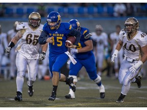 Quarterback Michael O'Connor of the UBC Thunderbirds tucks the ball under his arm and tries to outrun Manitoba Bisons defenders Braiden Watson, left, and Derek Default during Friday's Canada West football action at UBC in Vancouver.