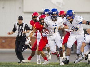 UBC's Trivel Pinto stays ahead of the pack during the Thunderbirds' Canada West game Sept 9 in Calgary against the host Dinos. (Richard Lam/UBC athletics)